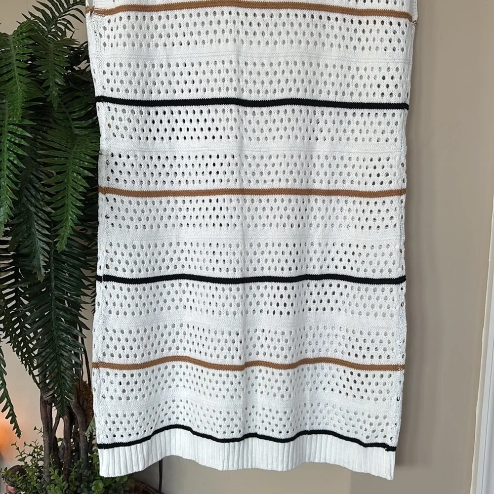 Brand New Dokotoo White Striped Crochet Knit Sweater Dress Swim Coverup V-Neck